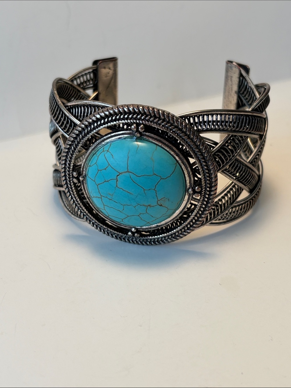 Vintage Turquoise Stone Silver-Tone Braided Metal Cuff Bracelet